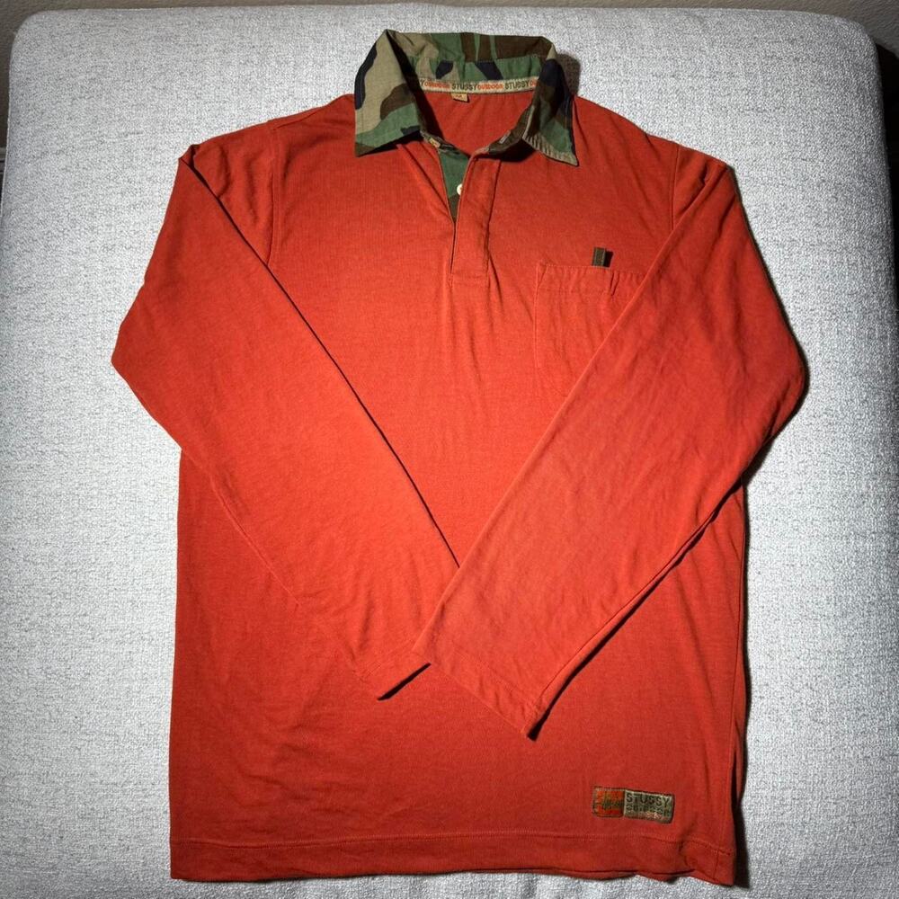 Stussy outdoor rugby shirt Men M Orange Camo collar